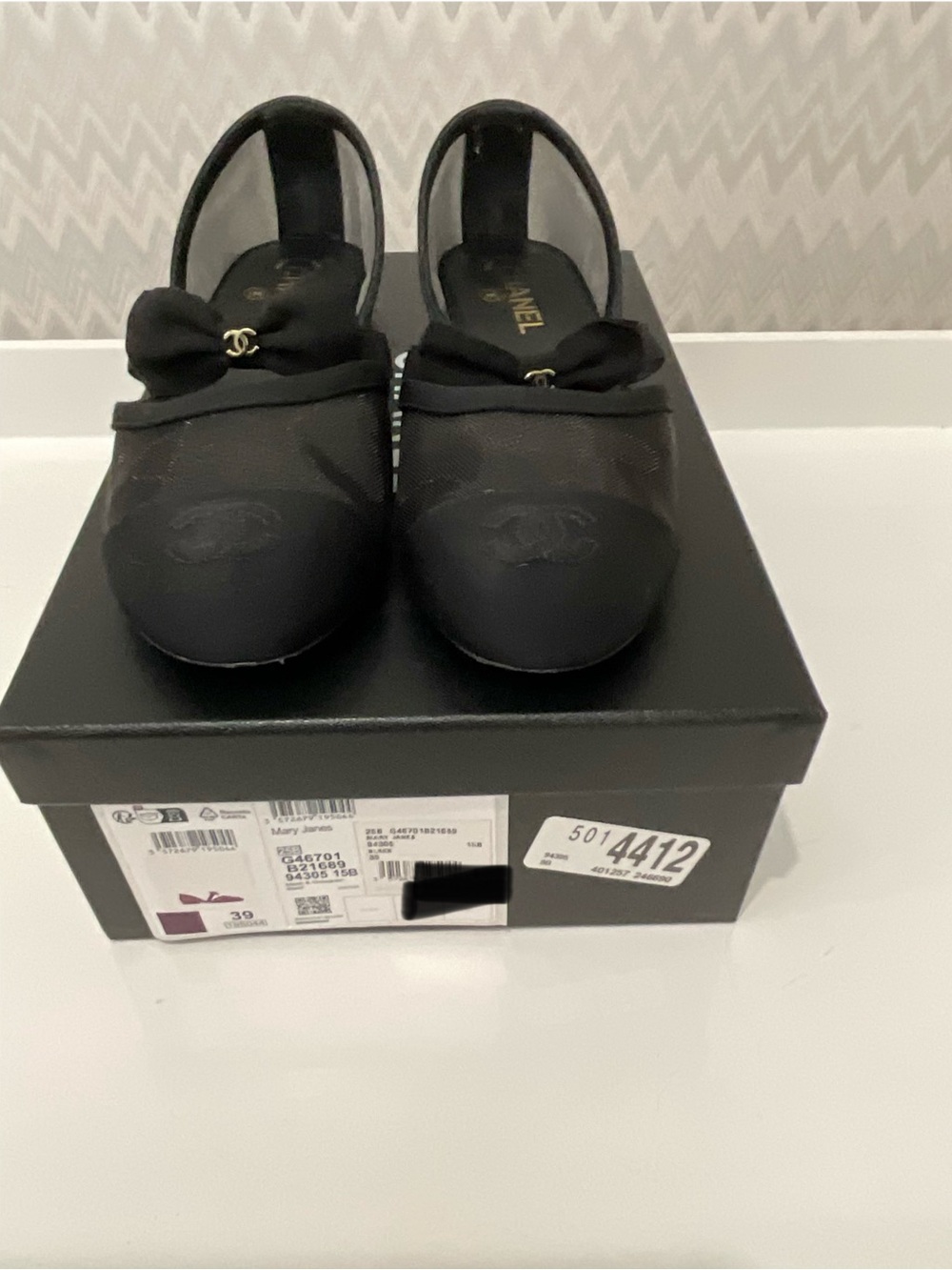 25B CHANEL Black Mesh Cap-Toe Bow Ballet Flats